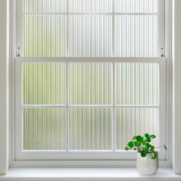 rabbitgoo Reeded Glass Window Privacy Film, Non Adhesive Frosted Window Film, UV Heat Blocking Decorative Vinyl Daytime Night Privacy Clings for Bath