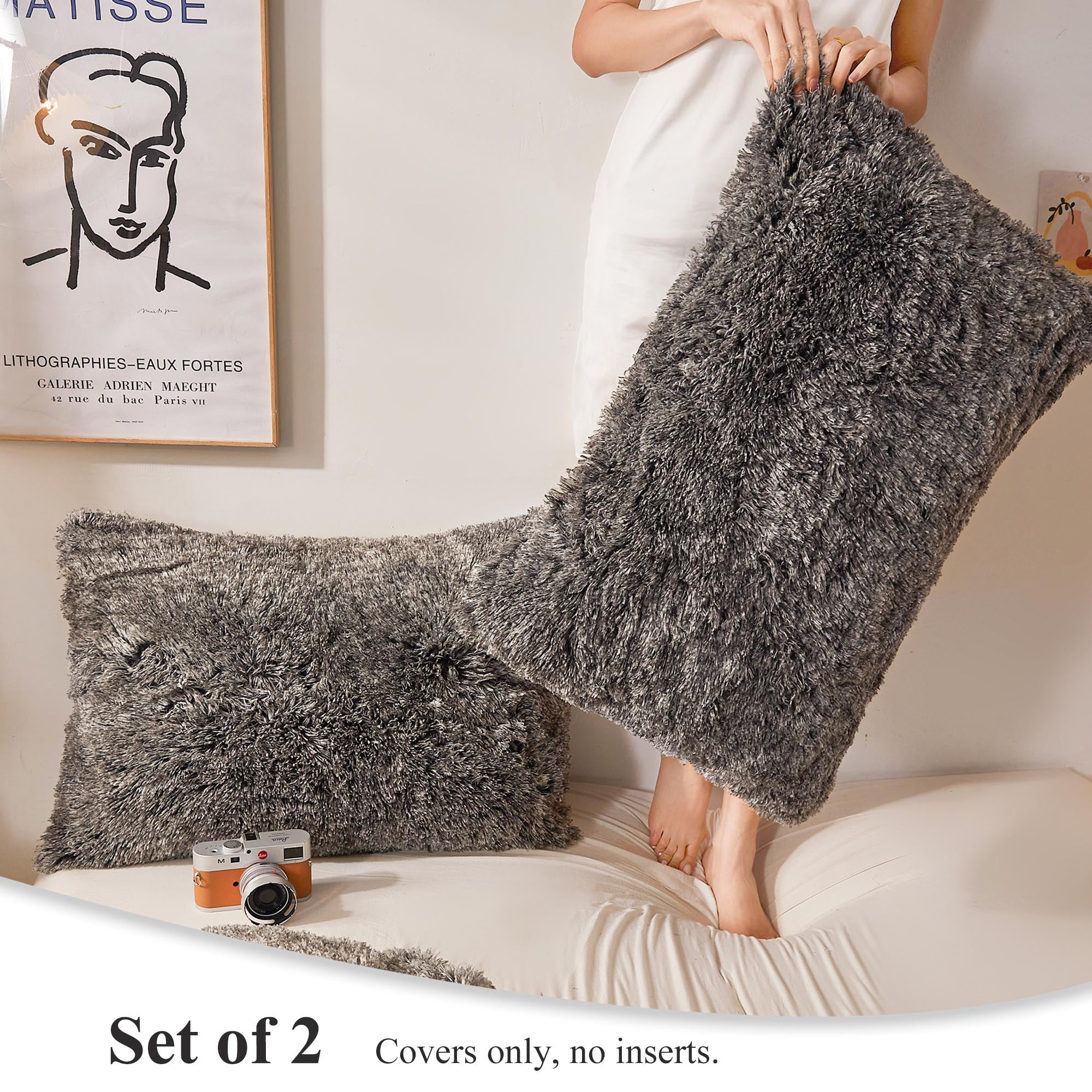 XeGe Faux Fur Pillow Cases Soft Fluffy Plush Shaggy Bed Pillowcases Decorative Furry Pillow Covers Fuzzy Pillow Shams Zipper Closure Set of 2 King Size Dark Gray Ombre Walmart