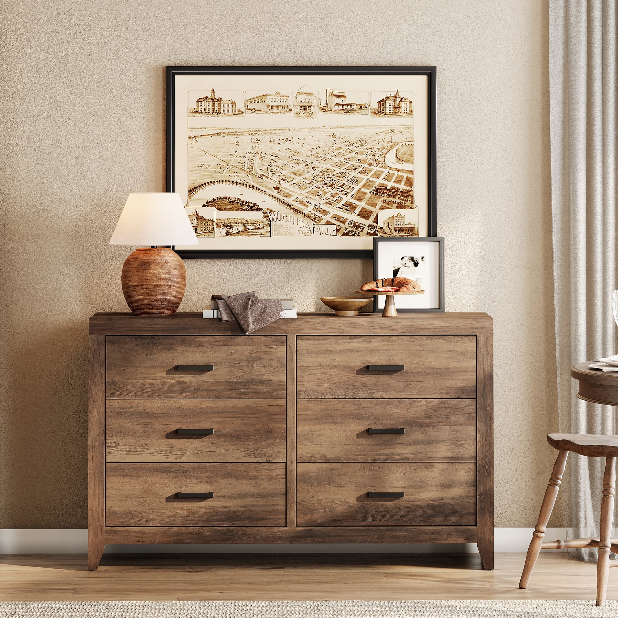 WAMPAT Farmhouse Dresser for Bedroom, 53 Inch Farmhouse Wood Storage Cabinet with 6 Drawers, Rustic Chest of Drawers for Living Room & Hallway