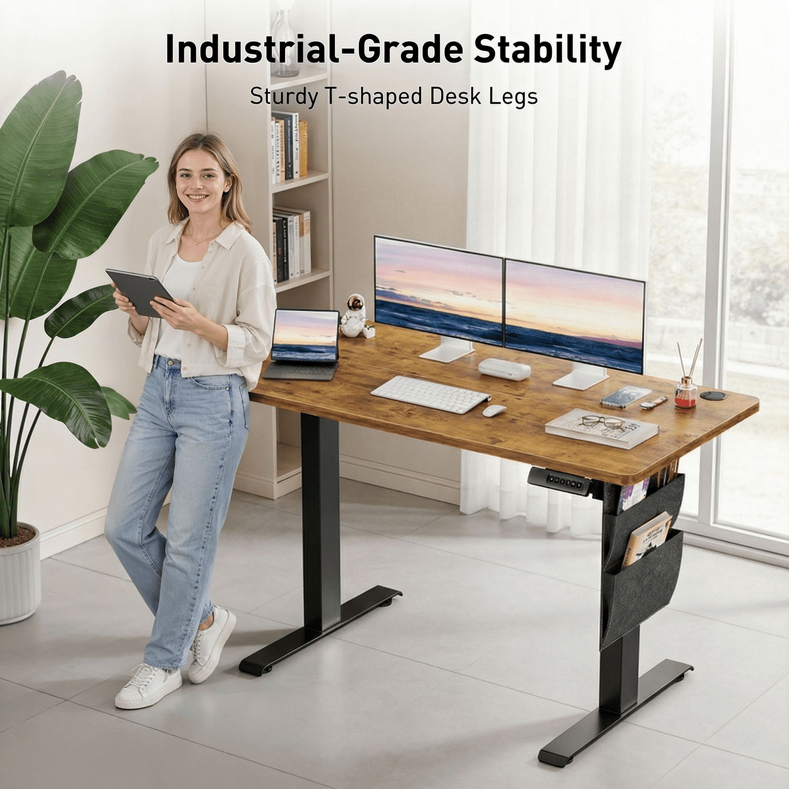 CHITOOMA 55" x 24" Electric Standing Desk with Storage Bag, Adjustable Height Sit to Stand Desk with 4 Memory Pre-Set, Headphone Hook for Home Office, Rustic Brown