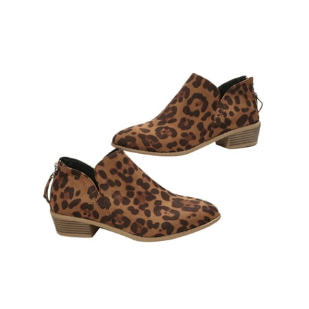 

Eloshman Womens Chelsea Bootie Leopard Boot Low Heel Ankle Booties Outdoor Anti-Slip Zip Up Winter Boots British Shoes Leopard 7
