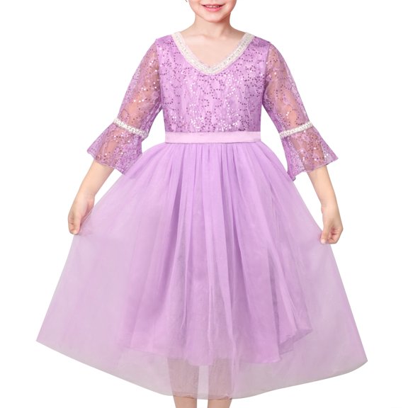Sunny Fashion Girls Dress Purple Lace Tulle Princess V Neck Sequin Bell Sleeve Pageant Party Event 6 Years