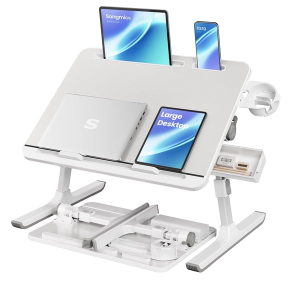 SONGMICS Bed Laptop Desk,Foldable Bed Desk for Laptop,15.7 x 22 Inches Large Desktop,120° Stepless Tilt,Adjustable Height,Cup Holder,Tray,Gray
