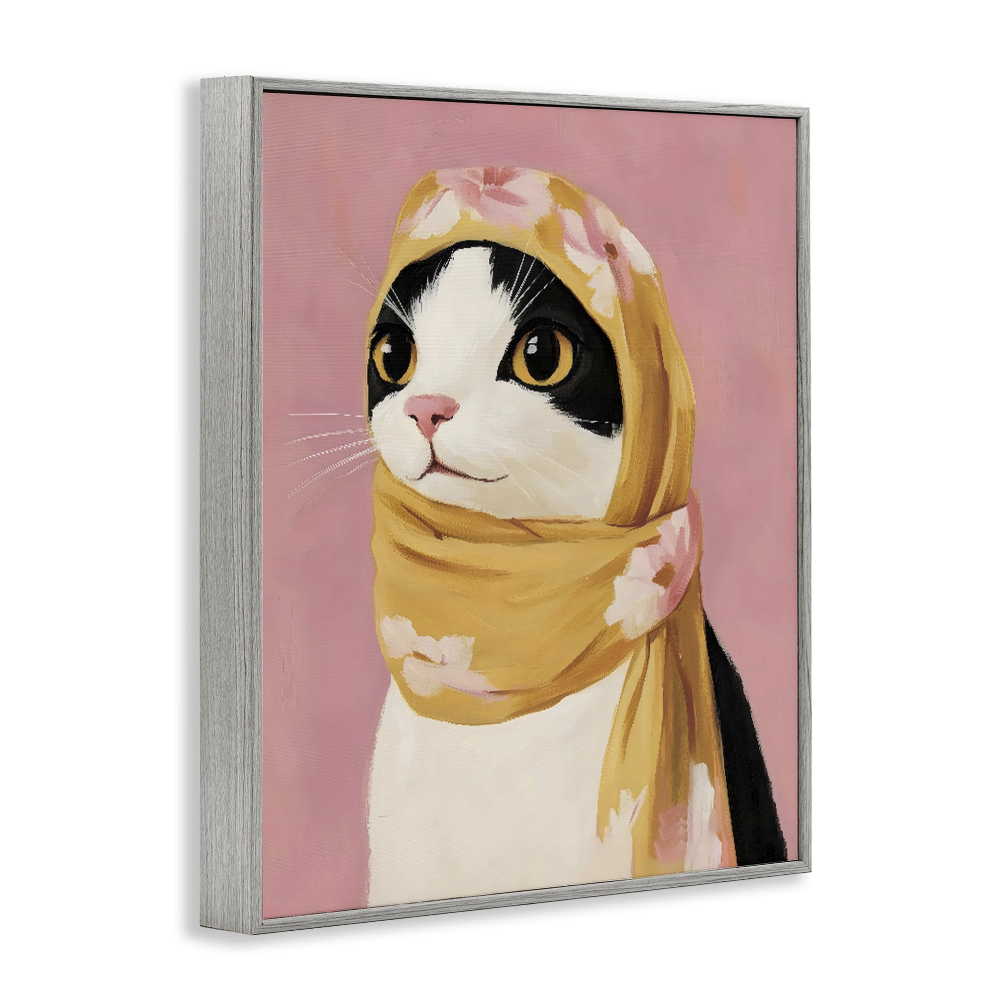 Stupell Industries Cat Babushka in Yellow Scarf Gray Framed Giclee Art, design by The Prints Vibe