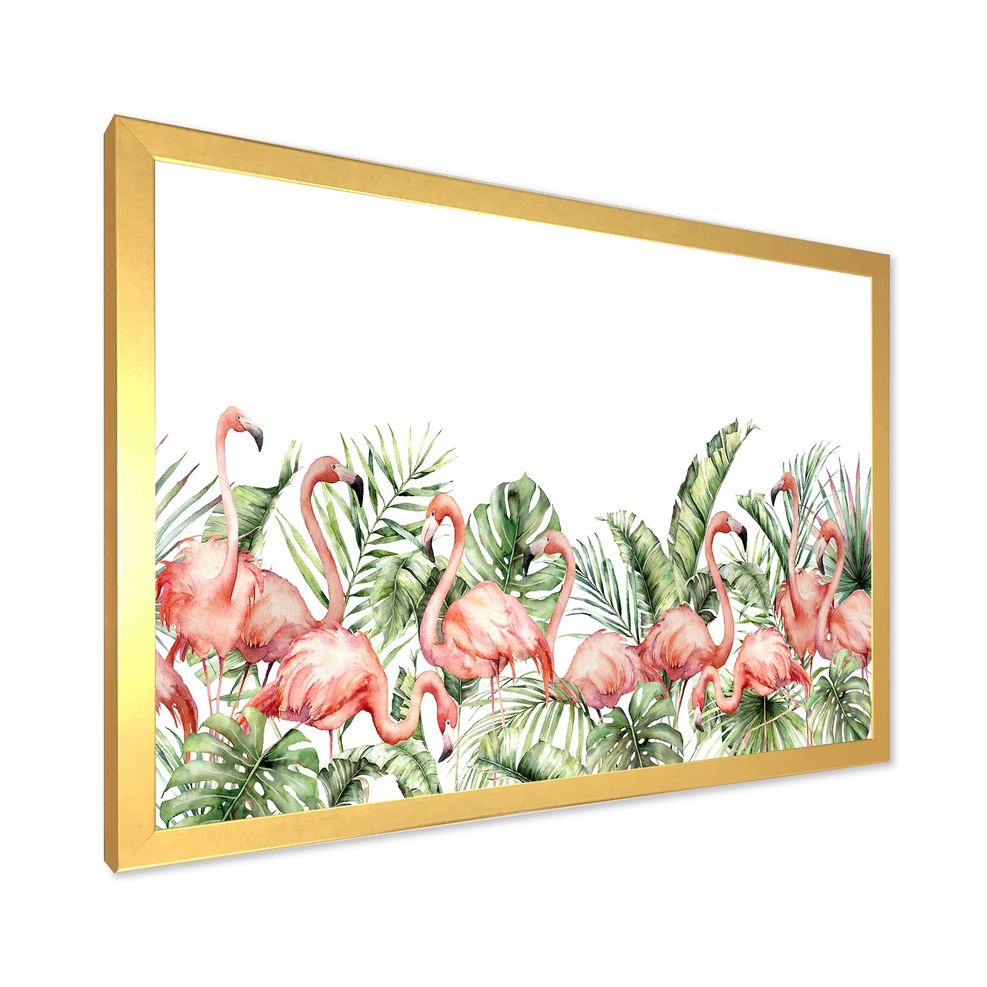 Designart 'Palm Leaves and Pink Flamingos Tropical Birds' Traditional Framed Art Print