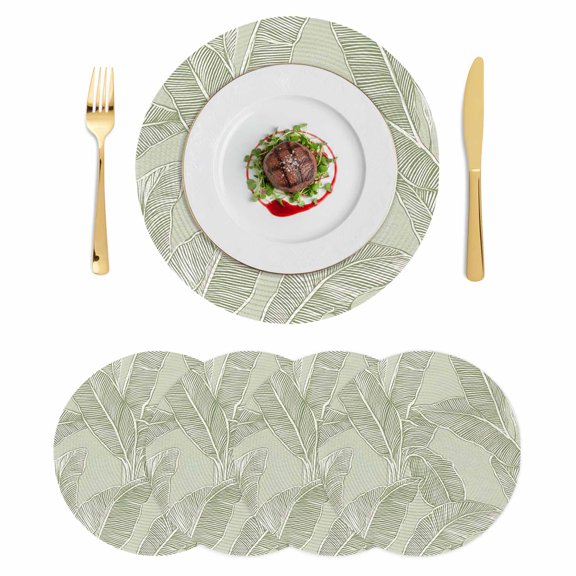 Summer Palm Leaf Round 15 Inch Placemats Set of 4, Green Tropical Bloom Silhouettes HeatResistant Non Slip Place Mats for Dining Table, Wipeable Braided Kitchen Table Mats for Housewarming
