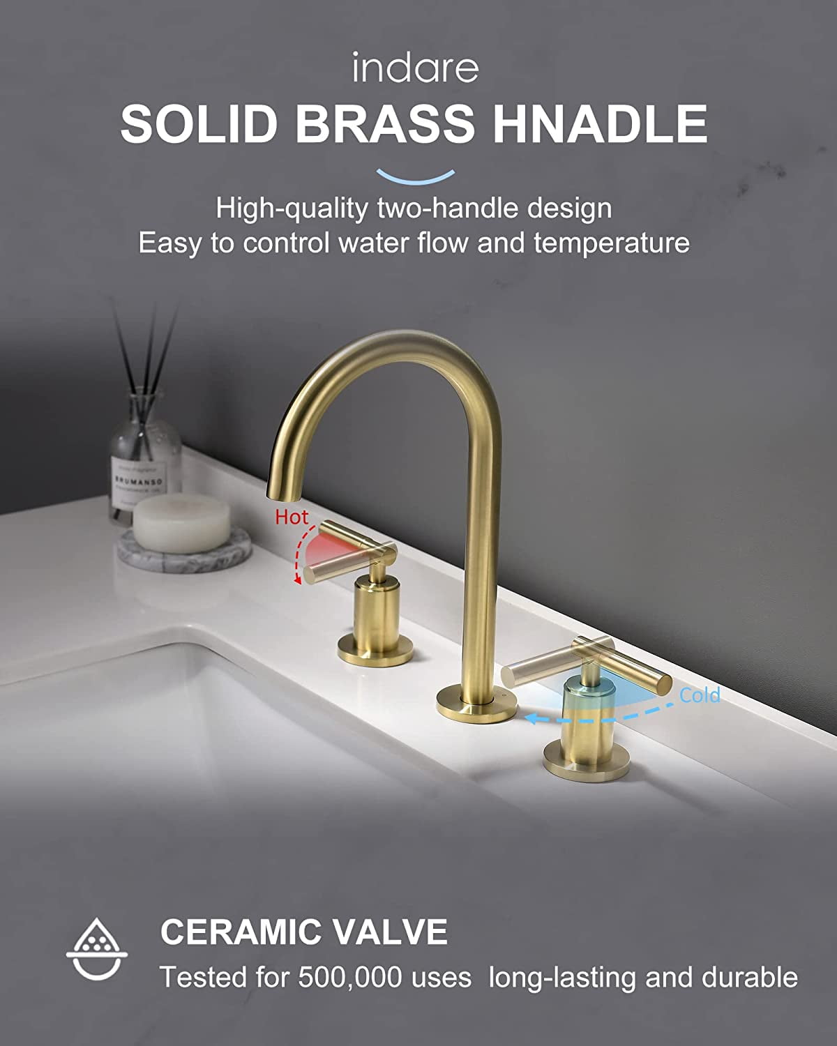 Brushed Gold Bathroom Faucet, Indare Two Handles 360° Swivel Spout Widespread 4Inch 8Inch Brass Bathroom Sink Faucet 3 Hole with Pop-Up Drain and Water Supply Lines