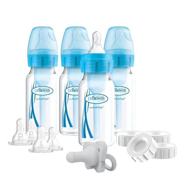 Dr. Brown's Natural Flow Anti-Colic Options+ Narrow Ensemble d'Alimentation du Sein au Biberon pour Tirer et Conserver avec Tétines à Débit Lent, Capuchons de Voyage pour Biberons et Sucette HappyPaci d'Une Seule Pièce en 100 % Silicone, Bleu