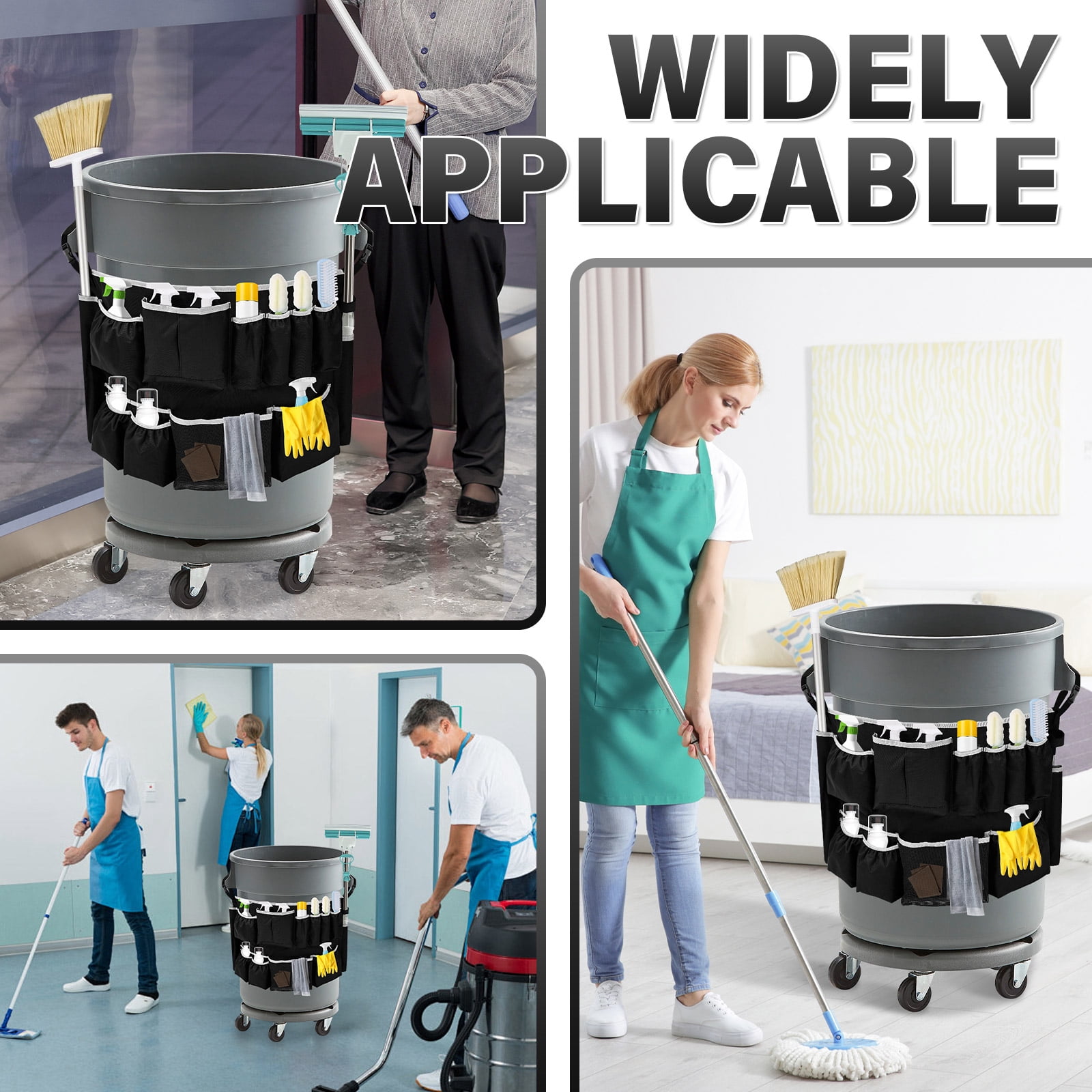 Trash Can Caddy Bag Fit 32 to 55 Gallon Garbage Bin Polyester Garbage Can Caddy with 13 Pockets for Housekeeper Professional Cleaner