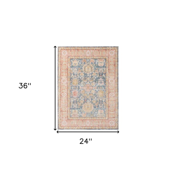 2' x 3' Blue and Pink Oriental Power Loom Distressed Area Rug
