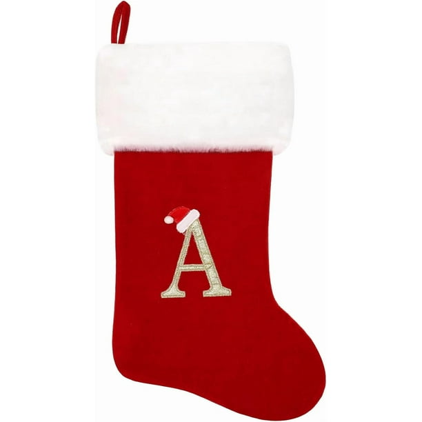 Medias navideñas YZhouD de 20 pulgadas con monograma de terciopelo rojo y puños de felpa blanca súper suaves, bordadas, clásicas y personalizadas, para decorar las fiestas familiares (letra M)