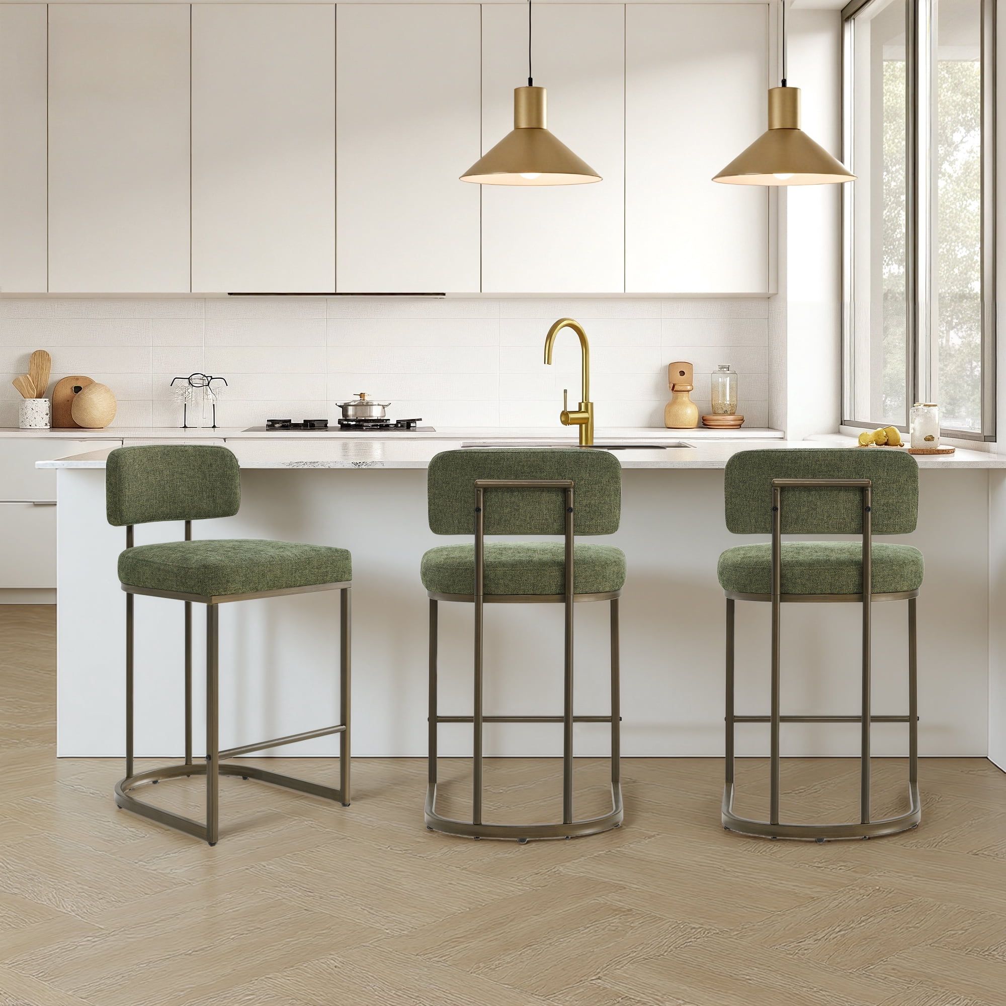 Spruce & Spring Modern 26-Inch Counter Bar Stool Set with Brass Frame Set of 2, Moss Green with Brass Frame