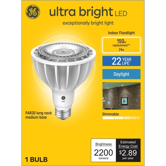 GE Ultra Bright LED Floodlight Bulb, 150 Watt Eqv, Daylight, PAR30 Long Neck Indoor Bulb, 22 year