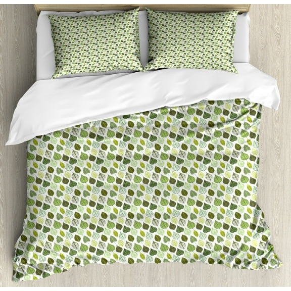 Leaves Duvet Cover Set King Size, Spring Forest Themed Meadow Foliage Ornate Diagonal Pattern, Decorative 3 Piece Bedding Set with 2 Pillow Shams, Green Pale Green and Dark Green, by Ambesonne