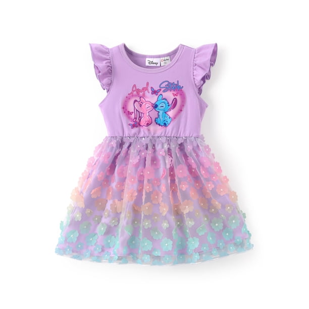 Vestido para niña pequeña Disney Lilo and Stitch 3D con estampado floral morado 4-5T