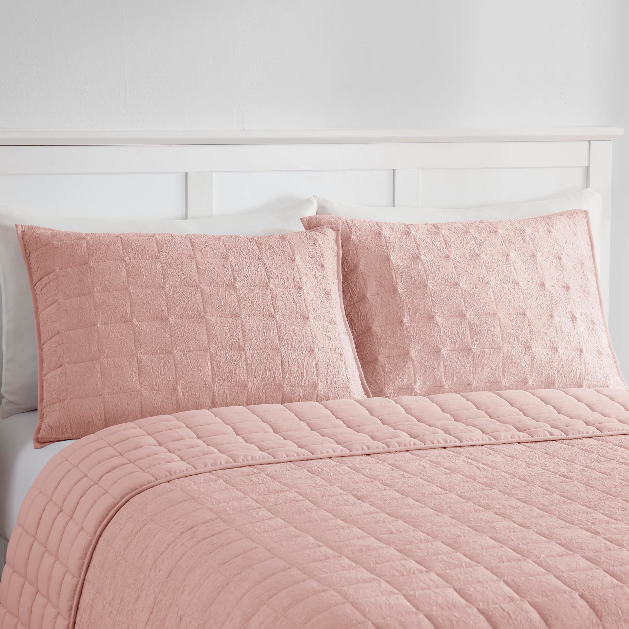 Mainstays Solid Textured Box Crinkle Quilted Pillow Sham, Pink Blush, King, Soft Wash, 2 Pack, All Ages