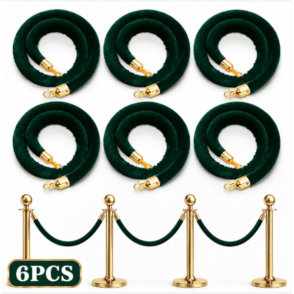 6 PcsDark Green Velvet Stanchion Ropes, 4 FT Crowd Control Barrier Ropes with Gold Hooks, Elegant Queue Line Ropes for Hotels, Movie Theaters, Grand Openings, Events and Holiday Gatherings