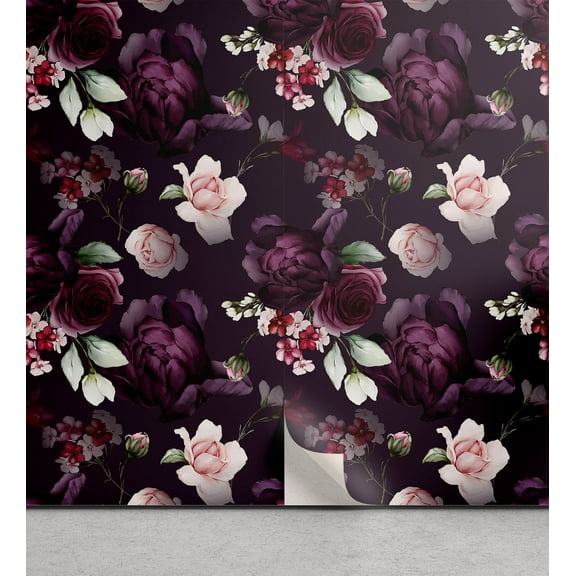 Ambesonne Maroon Floral Peel & Stick Wallpaper for Home, Roses in Purple Tones, 13"x100", Plum Eggplant Blush