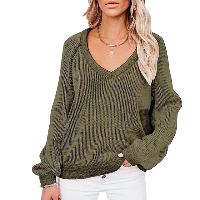 Jersey con cuello en V, Top de punto, moda, transpirable, manga larga, suéter suelto de punto para mujer, OD verde S