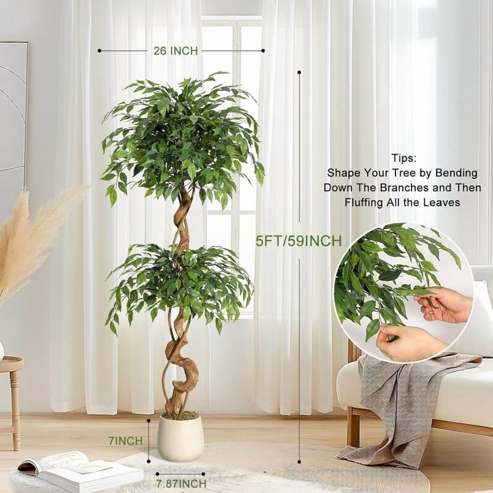 5 Ft Ficus Artificial Tree with Curved Trunk, Faux Plant Fake Silk Trees with White Pot for Home Office Decor Indoor Outdoor