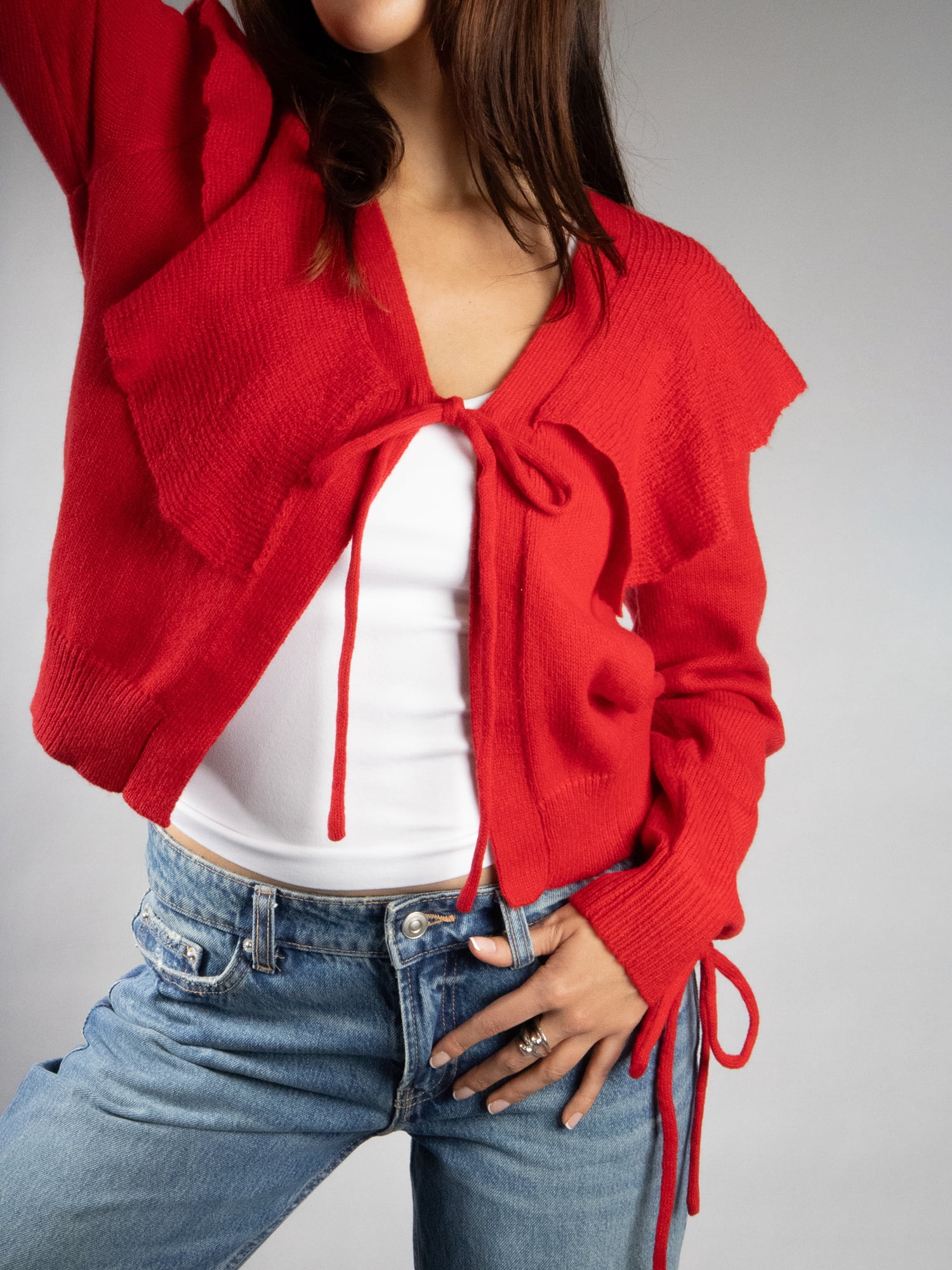 DARING DIVA Women's Stylish Lightweight Flouncy Tie Cardigan S Red