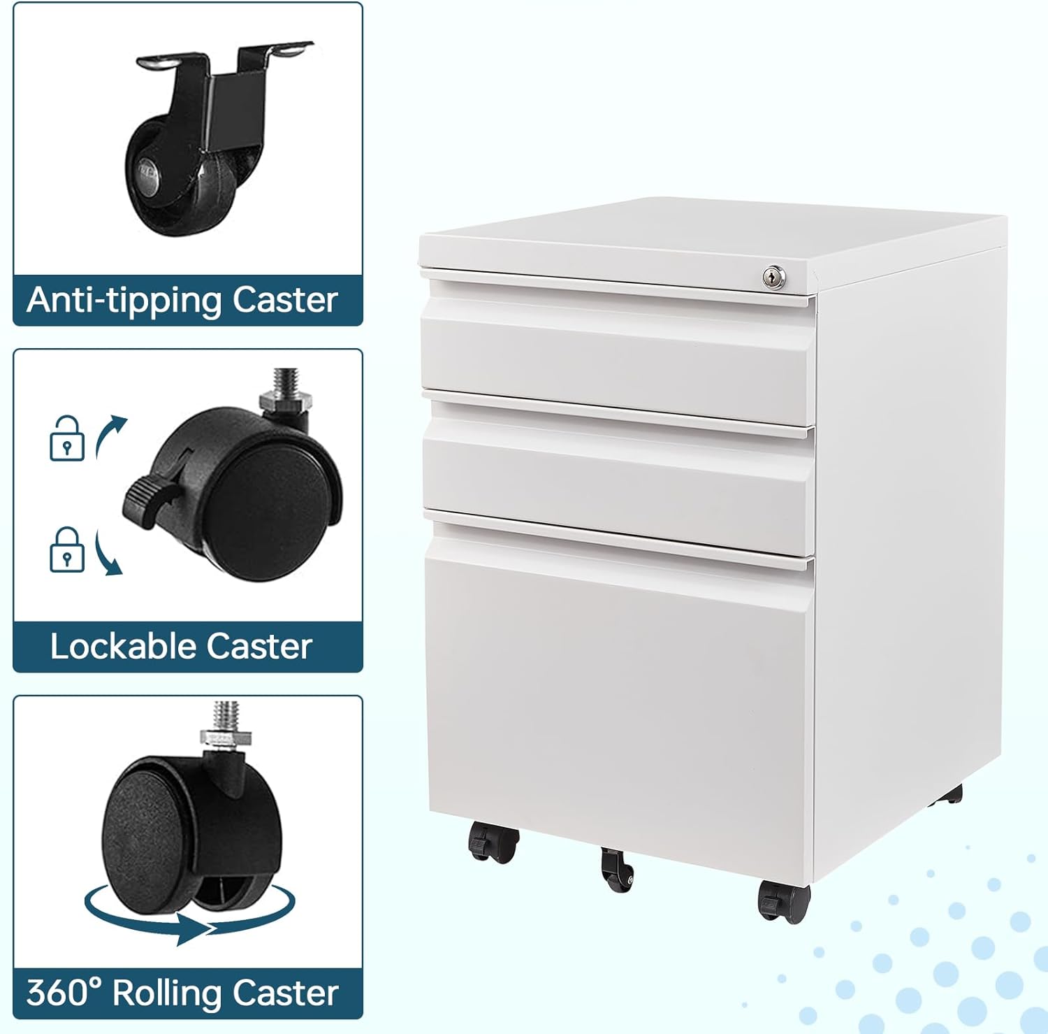 White Filing Cabinet 3 Drawers on Wheels Under Desk, Metal Rolling File Cabinet with Lock for Home Office, Small Mobile File Cabinet for Letter Legal File Folders, Un-Assembled