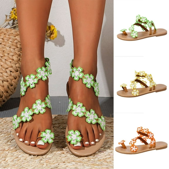 Axiiglly Womens Sandals Ring Clip Toe Flat Sandals Comfortable Dressy Walking Sandals Casual Flower Beach Sandals Hawaiian Boho Summer Sandals