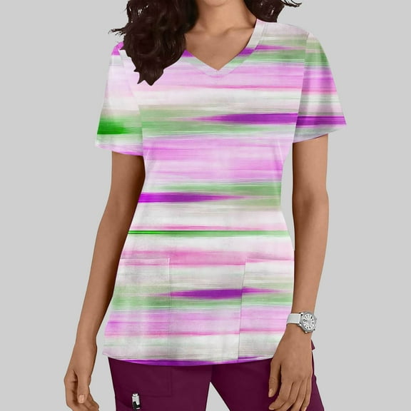 Nmnitkp Womens Printed Nurse Uniforms 2025 Scrub Tops for Women, Short Sleeve Scrub V Neck Shirt with Pockets Pink,S