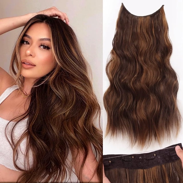 DssengInvisible Wire Hair Extensions with Transparent Headband Adjustable Size 4 Secure Clips Long Wavy Highlight Hairpiece 20 Inch Balayage Dark Brown to Chestnut for Women