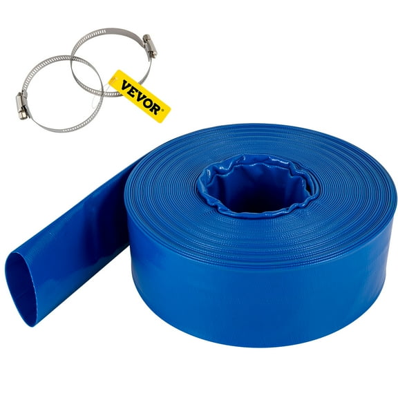 VEVOR Discharge Hose, 1-1/2" x 100', PVC Fabric Lay Flat Hose, Heavy Duty Backwash Drain Hose with Clamps, Weather-proof & Burst-proof, Ideal for Swimming Pool & Water Transfer, Blue