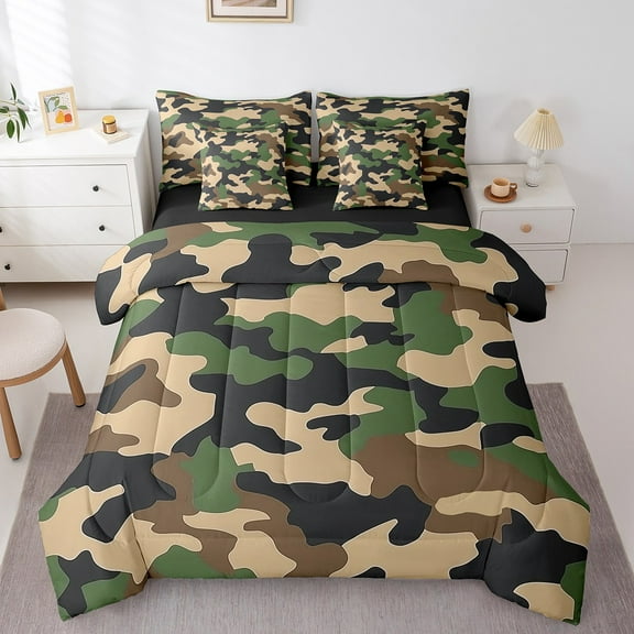 Erosebridal Green Camo Bedding Sets Twin Size,Military Camouflage Comforter Sets with Sheets,Camouflage Decor,Reversible,Breathable,7pcs