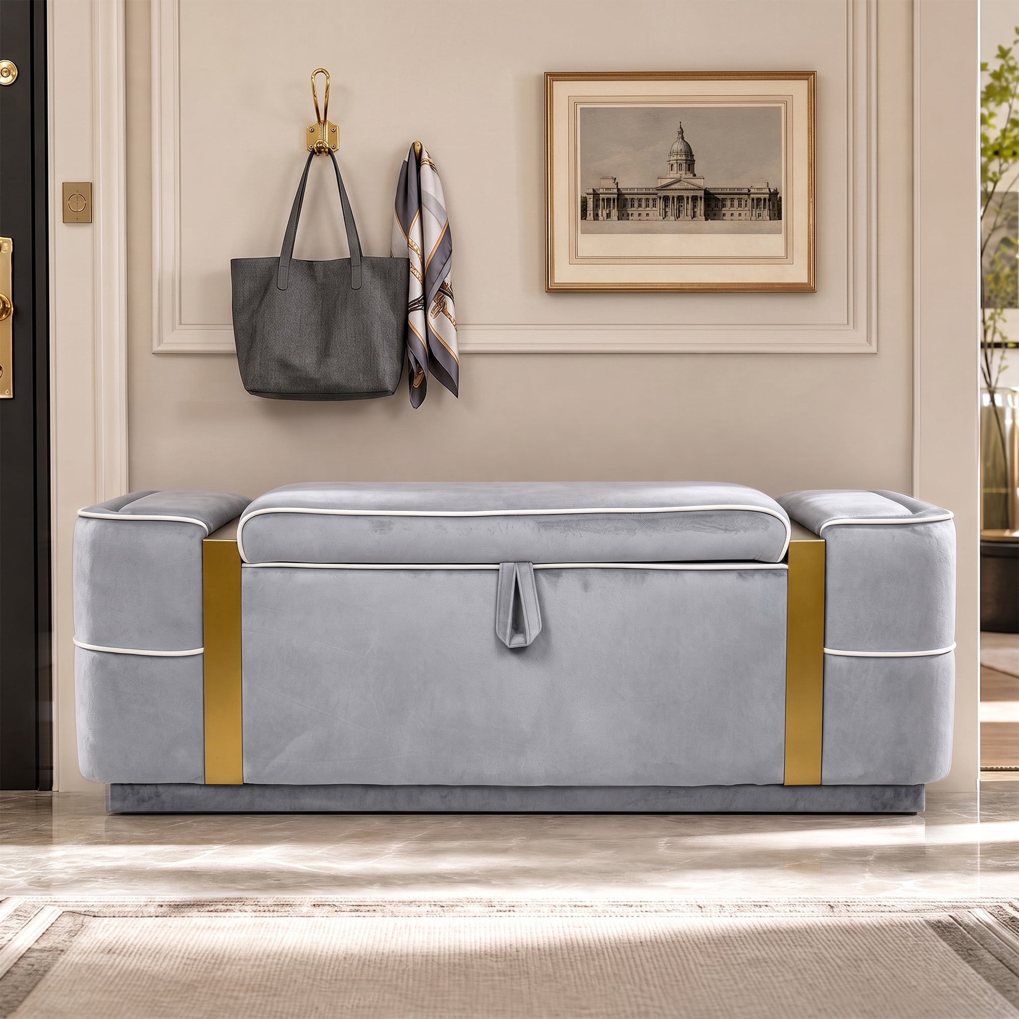 Euroco 47.2" Storage Ottoman Bench,Upholstered End of Bed Bench with Seating, Entryway Bench for Living Room Bedroom,Grey