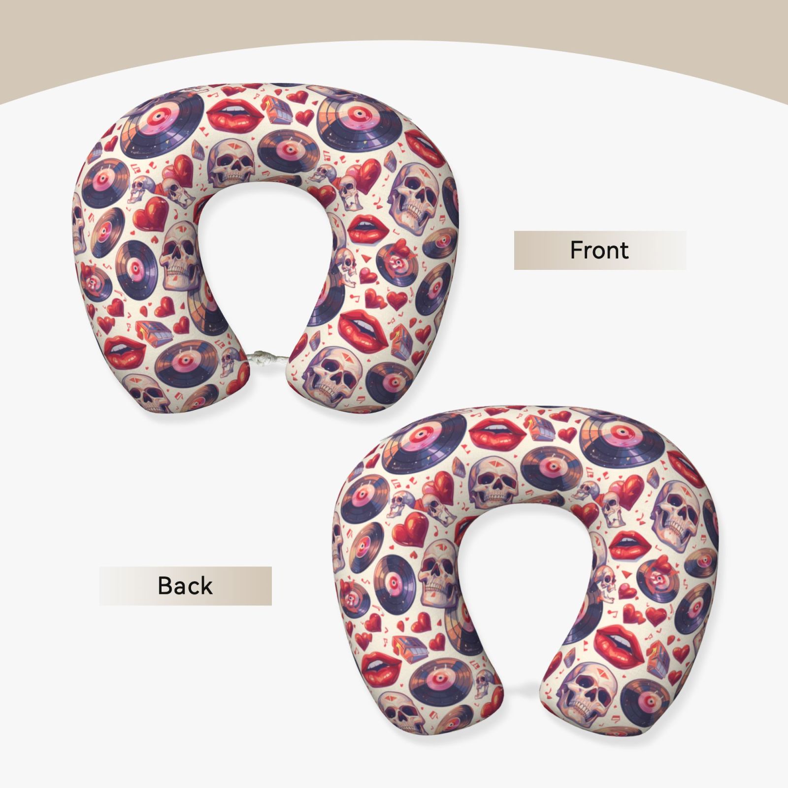 Xecao record rock Skull lips Print Memory Foam Cervical Neck Pillow Versatile U-Shaped Pillows for Home,Office,Camping,Travelling,Soft Washable Cover