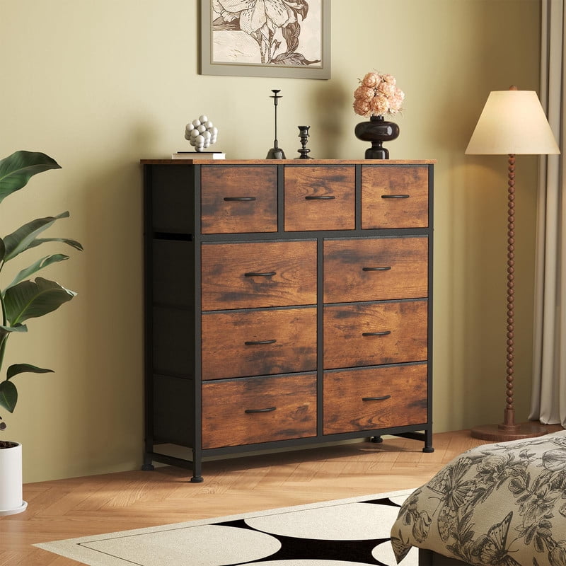 Kelno 9 Drawer Fabric Dresser Storage Tower Chest Organizer with Wood Top Steel Frame, Rustic Brown