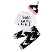 Newborn Baby Girls Long Sleeve Daddy's Little Girl Bodysuit Deer Pants Outfit with Hat 3-6M