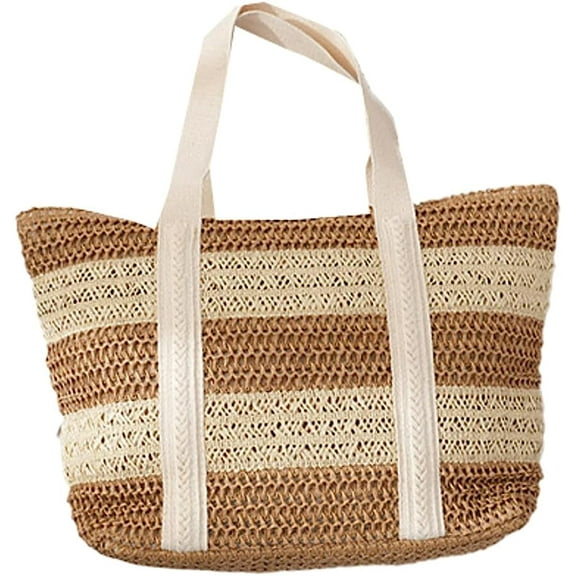 Kukuzhu Women Stripe Straw Tote Bag Trendy Large Handmade Woven Beach Bag Summer Elegant Travel Shoulder Bag