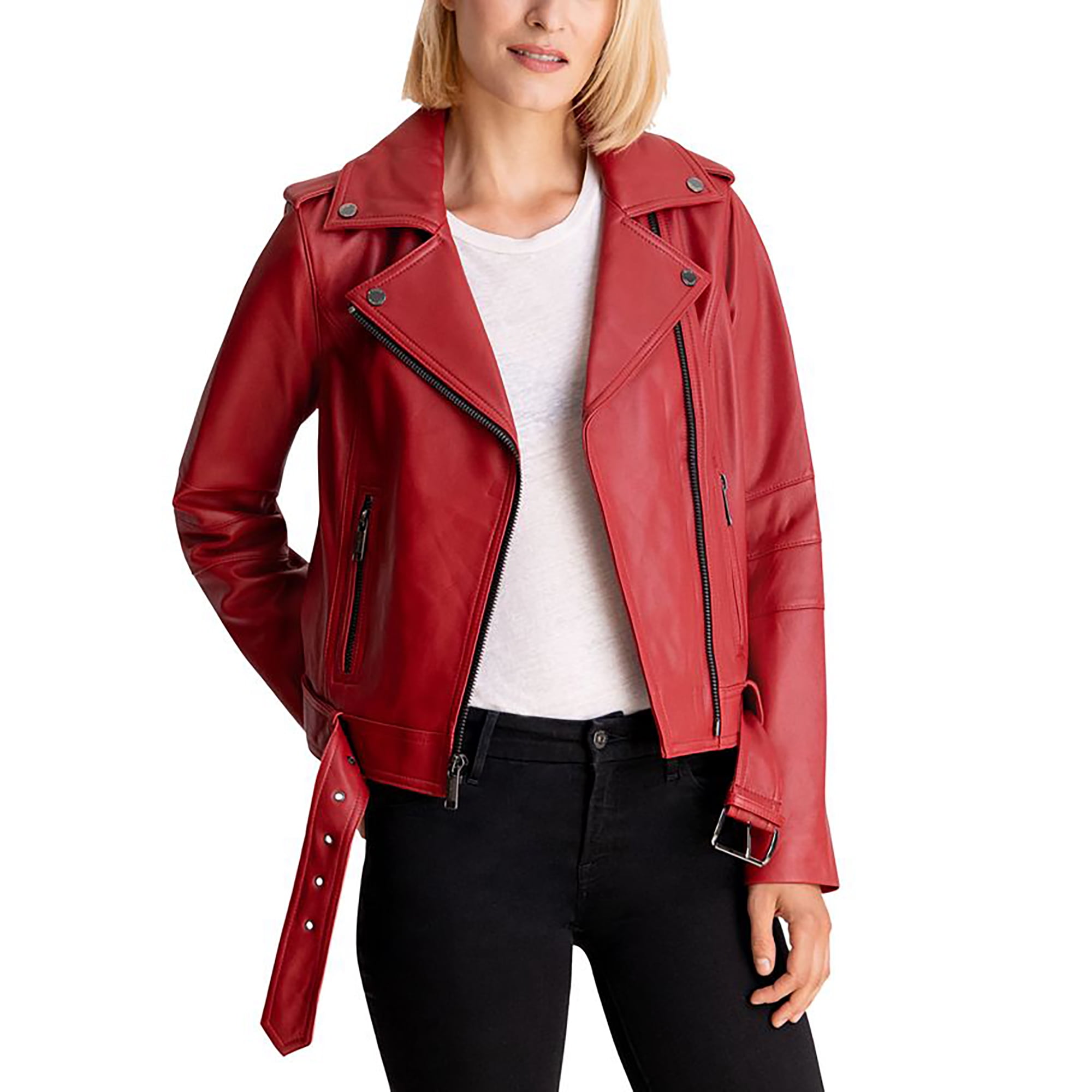 Michael Kors Women Red Jacket - Lambskin Leather Jackets for Women - Comfortable & Long Sleeves Women Moto Jacket With 2 Sides Zip Pockets, Shoulder Epaulettes - Full Zipper Closure Jacket - Walmart.com