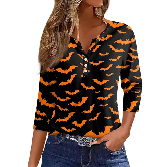 Abcomgle Womens Halloween Tops Cute Bat Graphic T-Shirts for Women Fall Henley V Neck 3/4 Sleeve Tunic Top for Women Plus Size Halloween Outfits Women,S