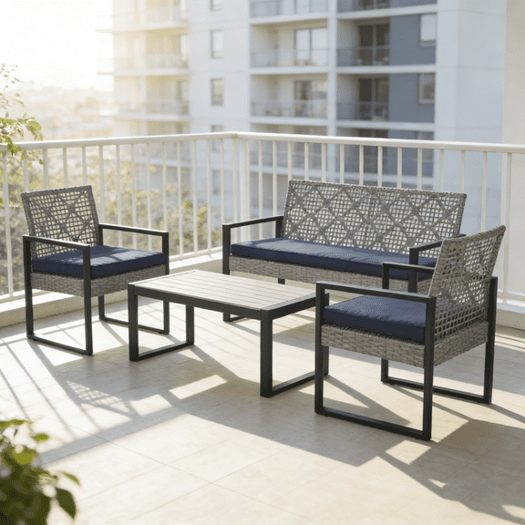 Clearance Patio Furniture Sets on Sale, 4 Piece Wicker Sofa Outdoor Conversation Set, UV Resistant Patio Set with Lounge Sofa and Table, Modern Outside Deck Terrance Furniture Set, Brown