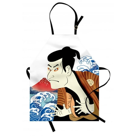 Kabuki Mask Apron Performer Portrait with Stylized Japanese Waves and Mount Fuji Illustration, Unisex Kitchen Bib Apron with Adjustable Neck for Cooking Baking Gardening, Multicolor, by Ambesonne