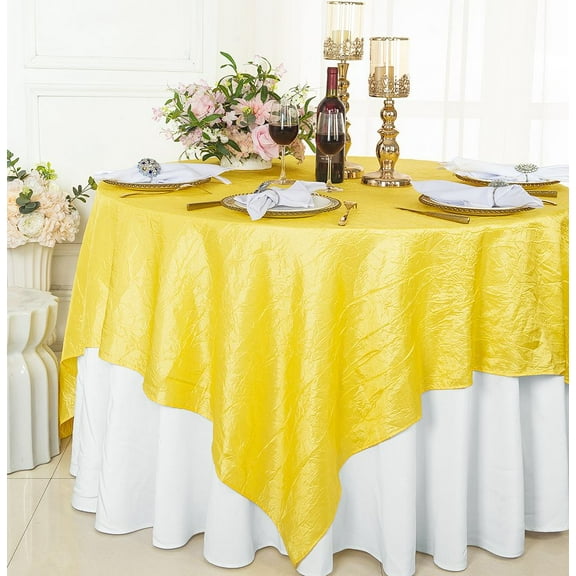 Wedding Linens Inc. 85" Square Crushed Crinkle Taffeta Table Overlay Toppers Tablecloth- Canary Yellow