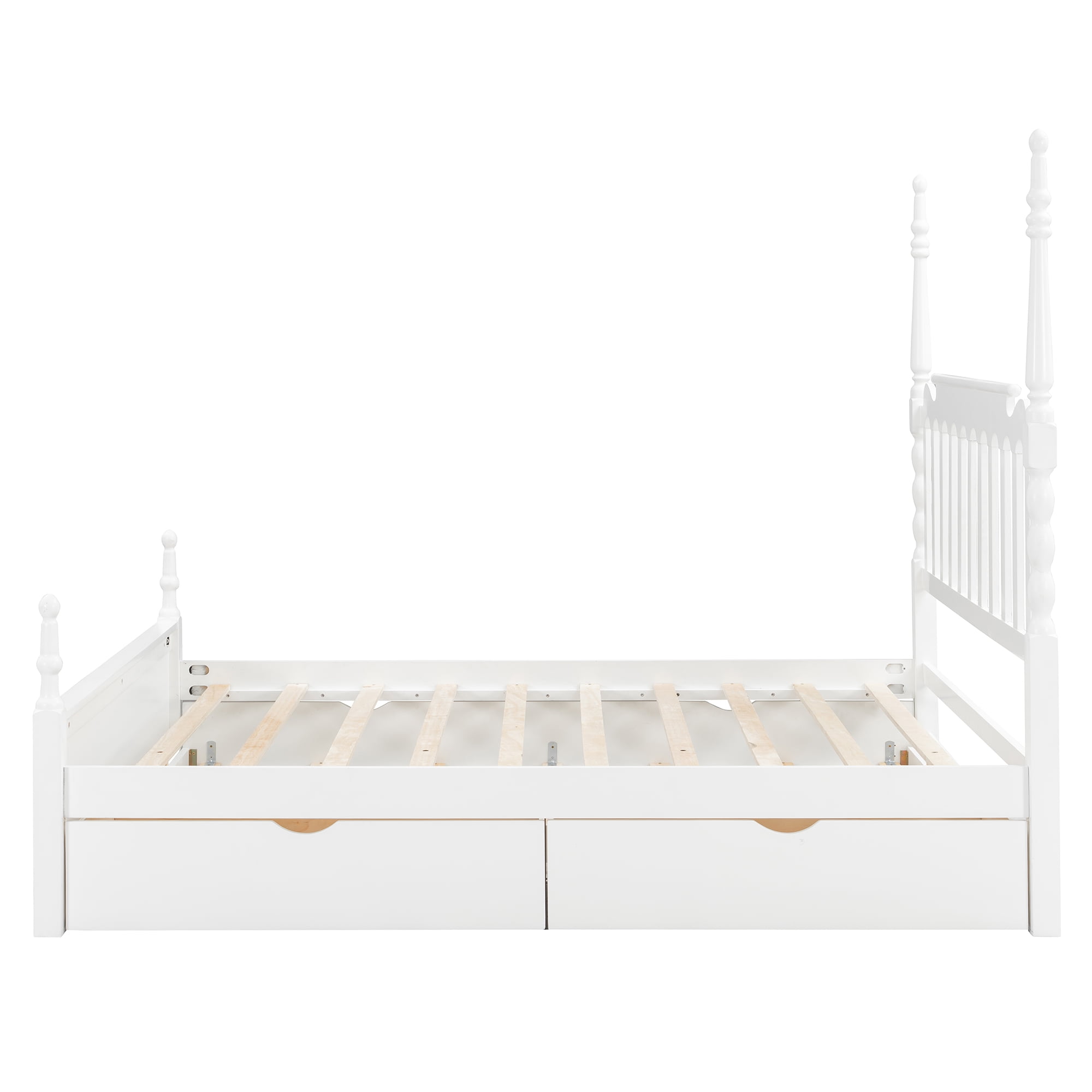 Mintazer Queen Size Bed Frame with Twin‑XL Trundle Bed & 2 Storage Drawers, Spindle Headboard Platform Bed for Bedroom, White