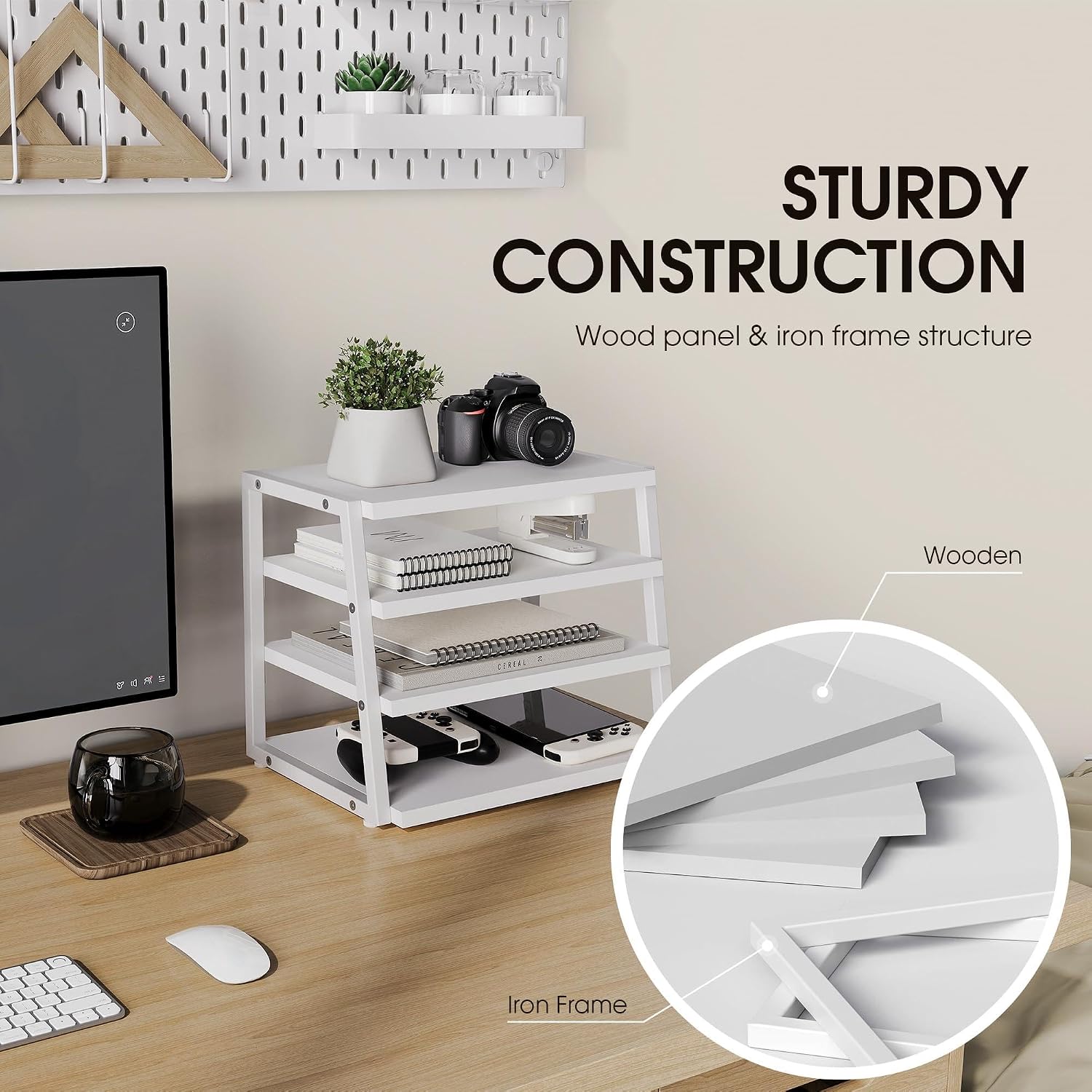 Fenge 4-Tier Desktop Shelf Organizer with Wood and Metal Storage, Black