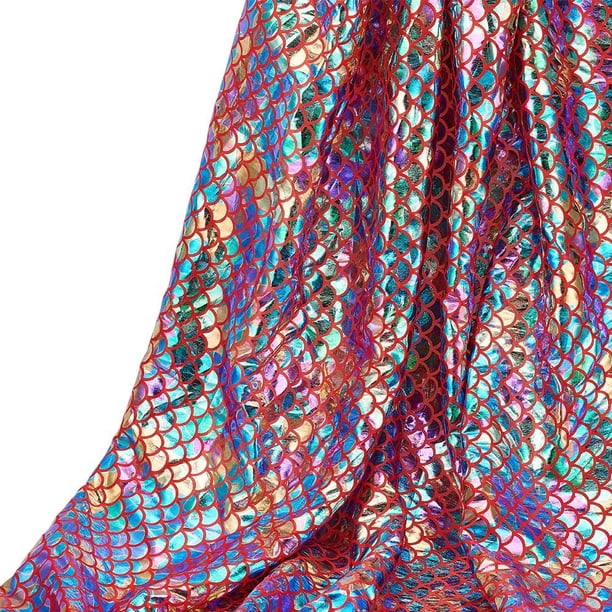 Tela de escamas de 1,09 yardas, 59 pulgadas de ancho, roja iridiscente, brillante, holográfica, spandex, poliéster, brillante, con estampado de escamas de pez