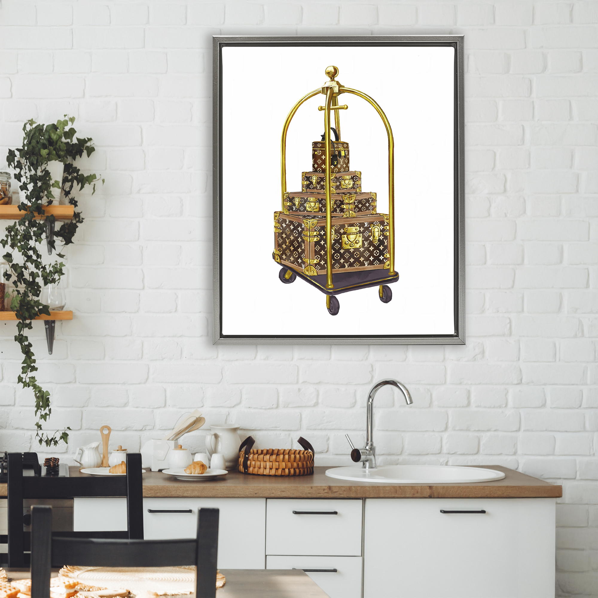 Glam Hotel Luggage Gray Framed Floater Canvas Wall Art, design by Ziwei Li
