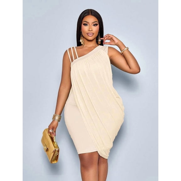 Apricot Plus Size Womens Sleeveless Asymmetric One Shoulder Dress With Triple Straps And Draped Detail