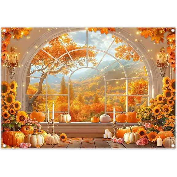 7x5FT Fall Window Backdrop Autumn Maple Leaves Forest Pumpkin Sunflower Harvest Photography Background Thanksgiving Festival Party Decorations Banner Supplies Photo Booth Props
