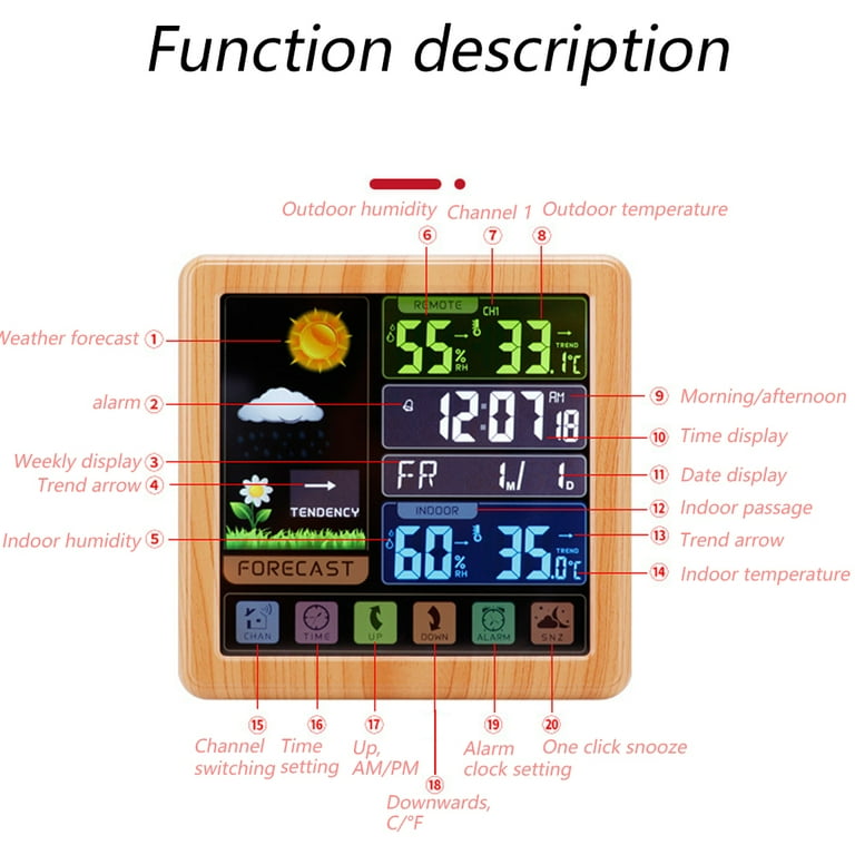 Weather Stations Wireless Indoor Outdoor 7.4” Large Color Display Home  Weather Stations Indoor Outdoor Thermometer with Atomic Clock, Weather