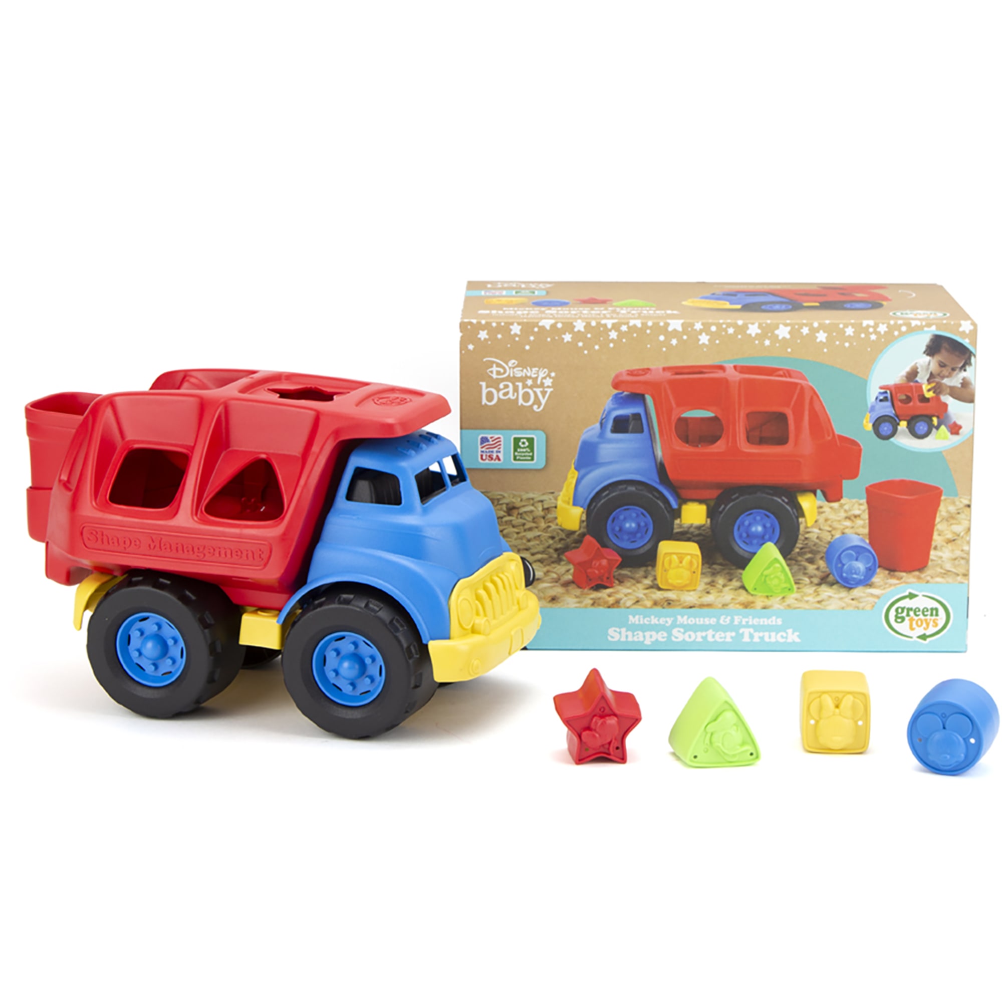 Green Toys: Disney Baby - Mickey Mouse & Friends Shape Sorter Truck - 6pc Color & Shape Learning Toy Vehicle, Recycled Plastic, Kids Toddler Ages 6mo+