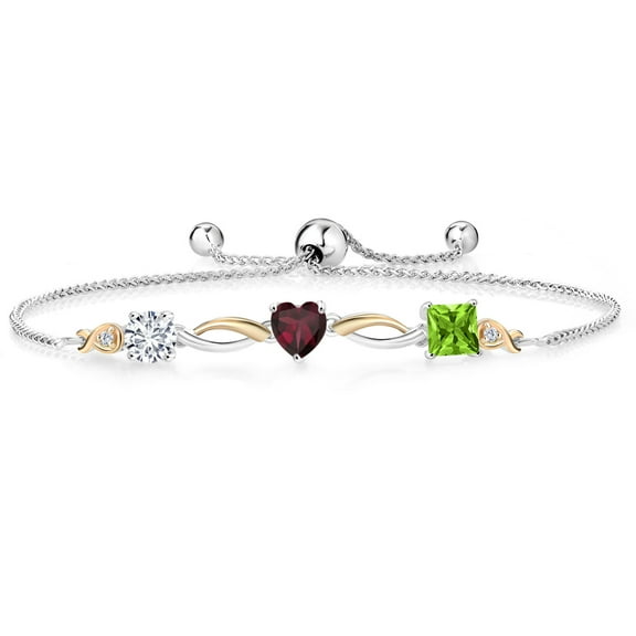 Gem Stone King 925 Silver and 10K Yellow Gold Red Rhodolite Garnet Green Peridot and Lab Grown Diamond Tennis Bracelet for Women By Keren Hanan (1.95 cttw, Adjustable up To 9 inch)